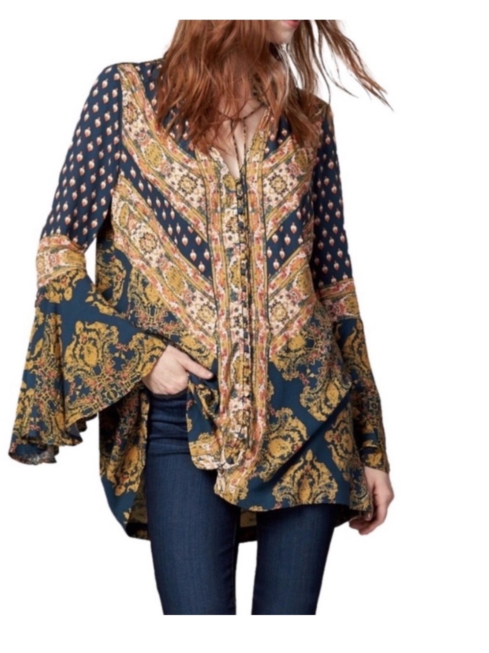 Bohemian Navy Print Bell-Sleeve Women's Top